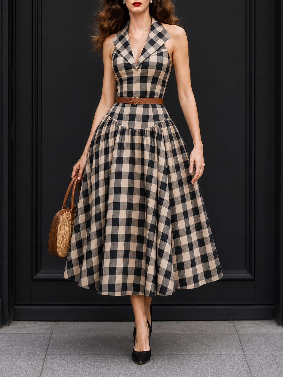 Vintage Plaid Print Lapel Maxi Dress