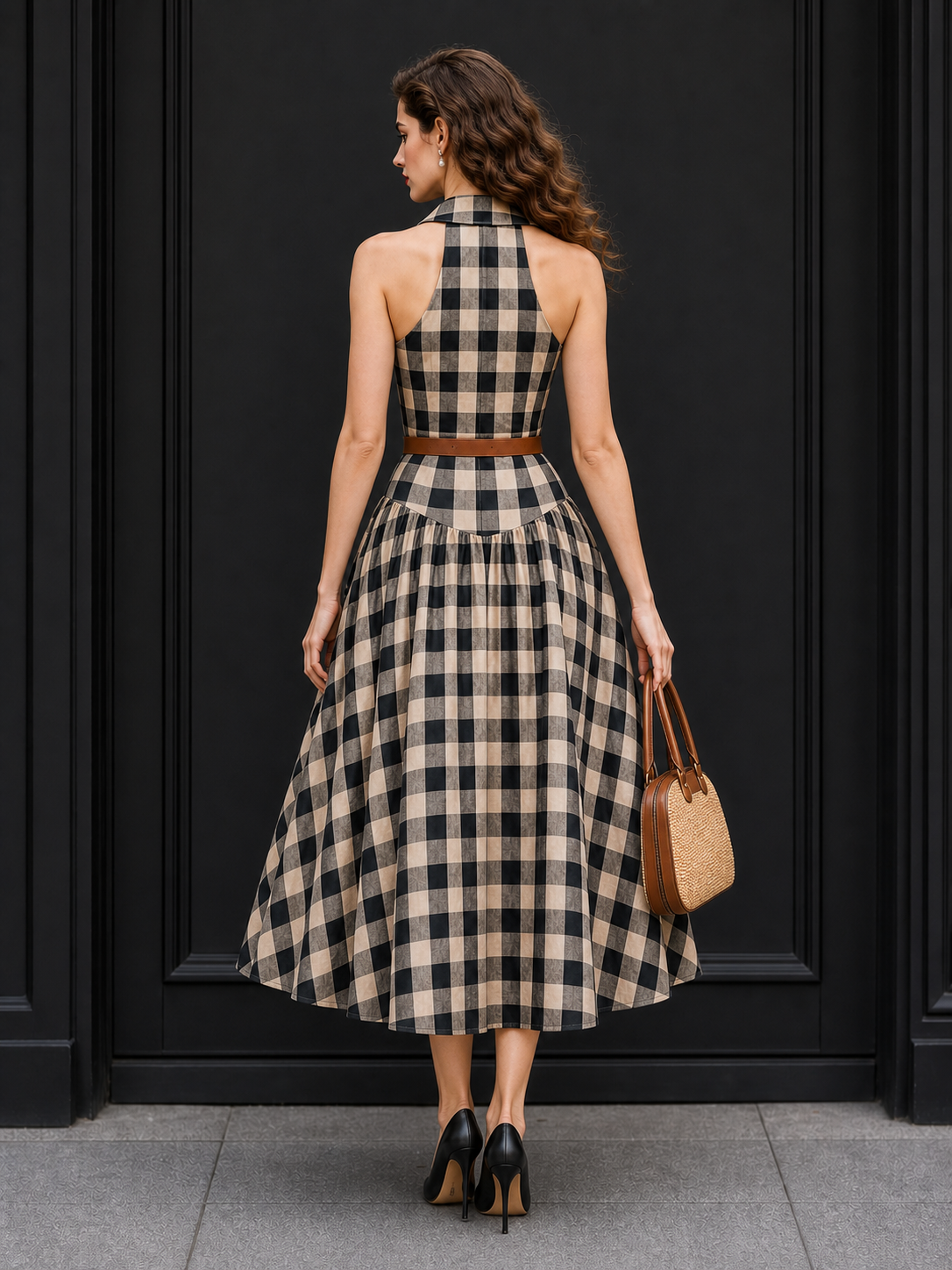 Vintage Plaid Print Lapel Maxi Dress