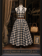 Vintage Plaid Print Lapel Maxi Dress