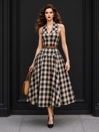 Vintage Plaid Print Lapel Maxi Dress