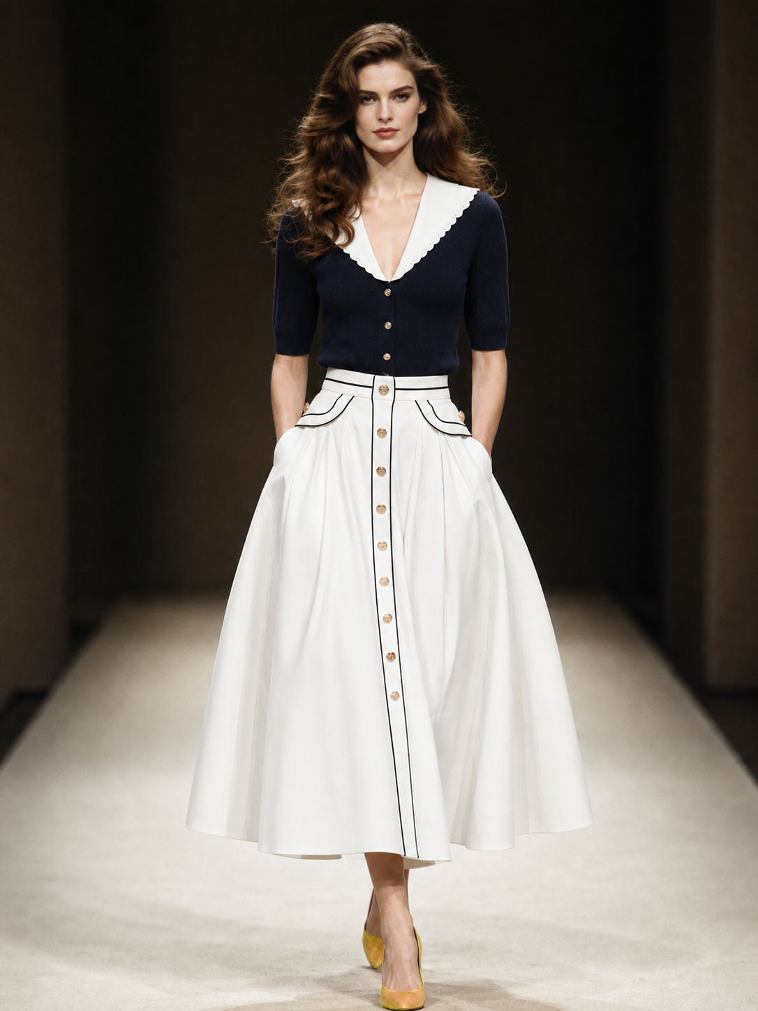 Vintage Sailor Collar Mid-sleeve Knit Top