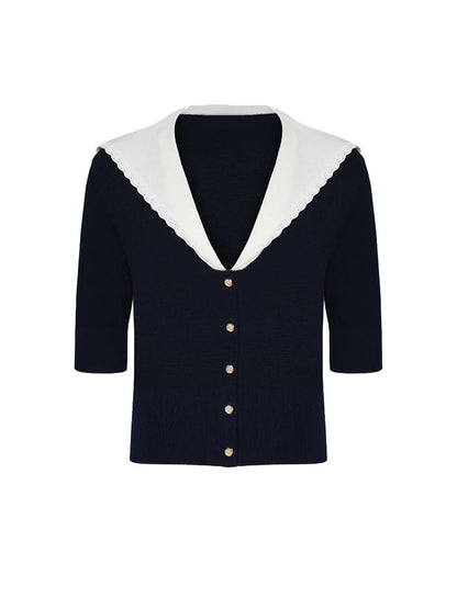 Vintage Sailor Collar Mid-sleeve Knit Top