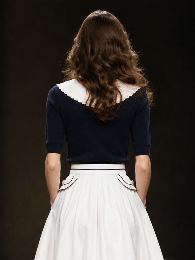 Vintage Sailor Collar Mid-sleeve Knit Top