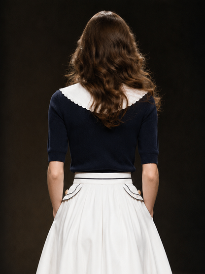 Vintage Sailor Collar Mid-sleeve Knit Top