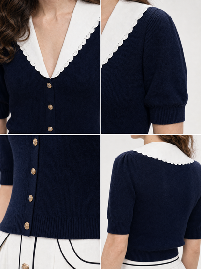 Vintage Sailor Collar Mid-sleeve Knit Top