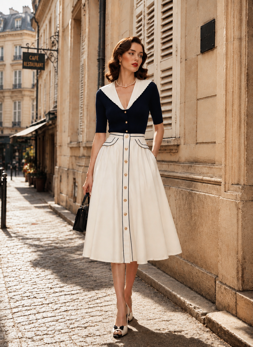 Vintage High-waisted Color-blocked Piping Swing Midi Skirt