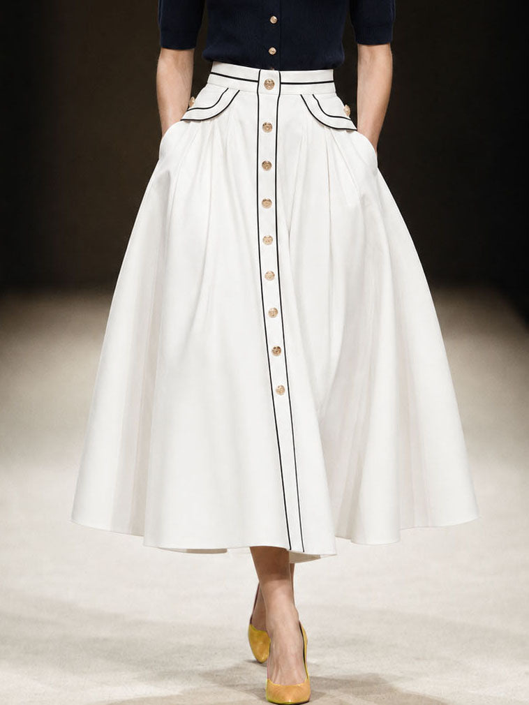 Vintage High-waisted Color-blocked Piping Swing Midi Skirt