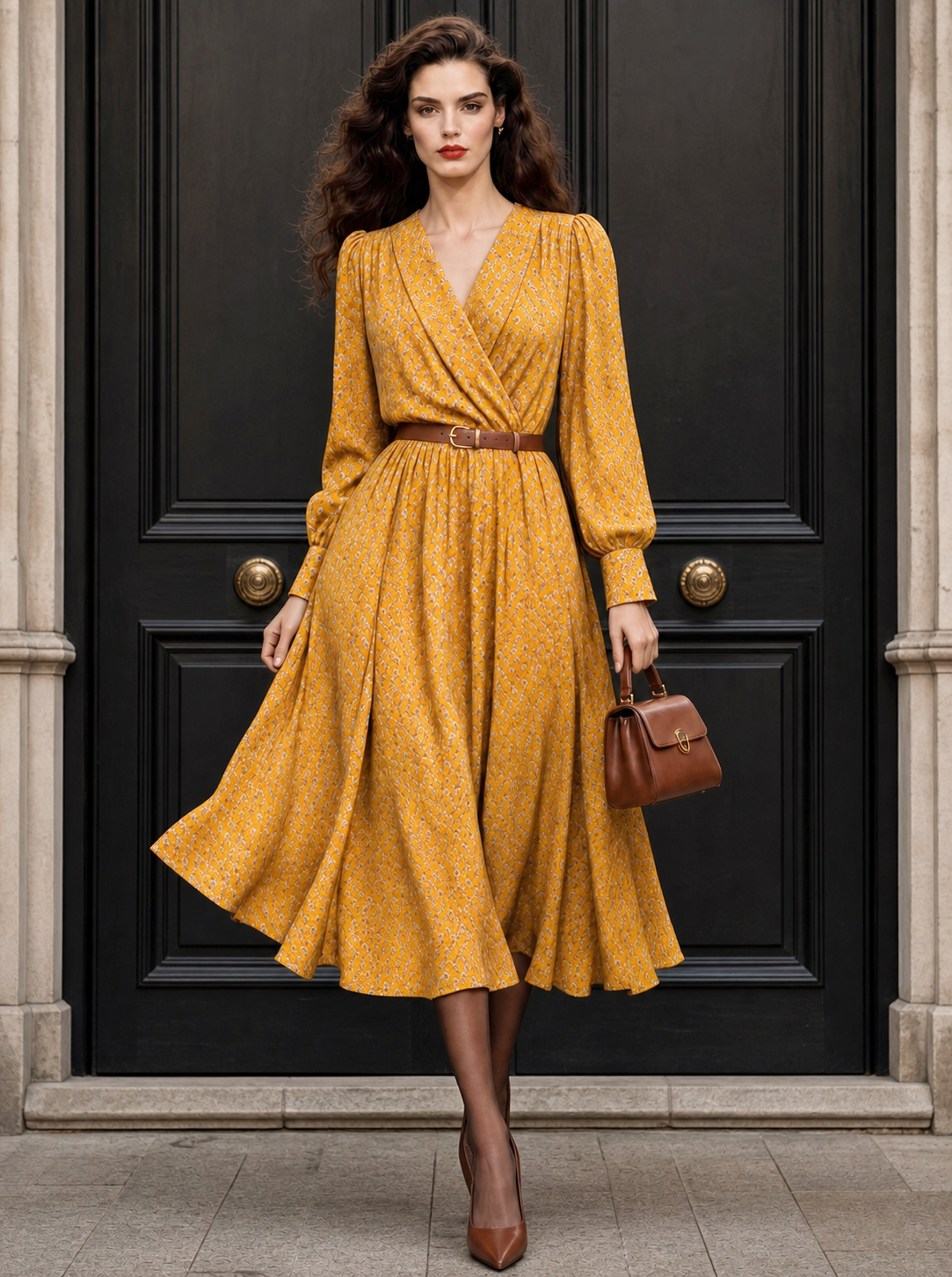 Vintage V-neck Floral Print Full Flare Midi Dress