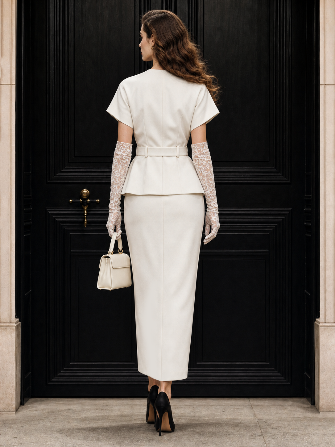 Vintage V-neck Waist-cinched Maxi Skirt Two-piece Set