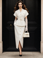 Vintage V-neck Waist-cinched Maxi Skirt Two-piece Set