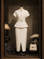 Vintage V-neck Waist-cinched Maxi Skirt Two-piece Set