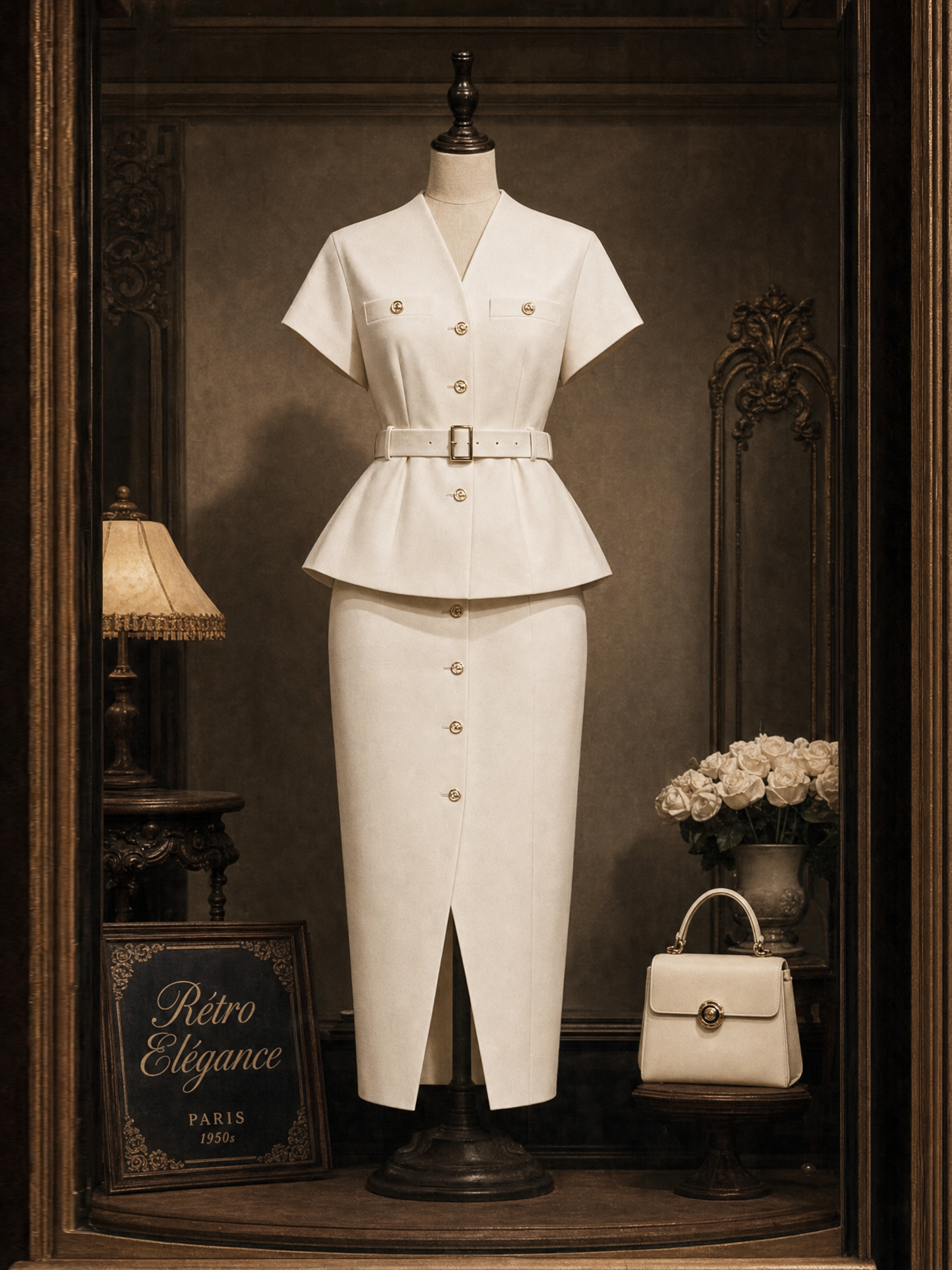 Vintage V-neck Waist-cinched Maxi Skirt Two-piece Set