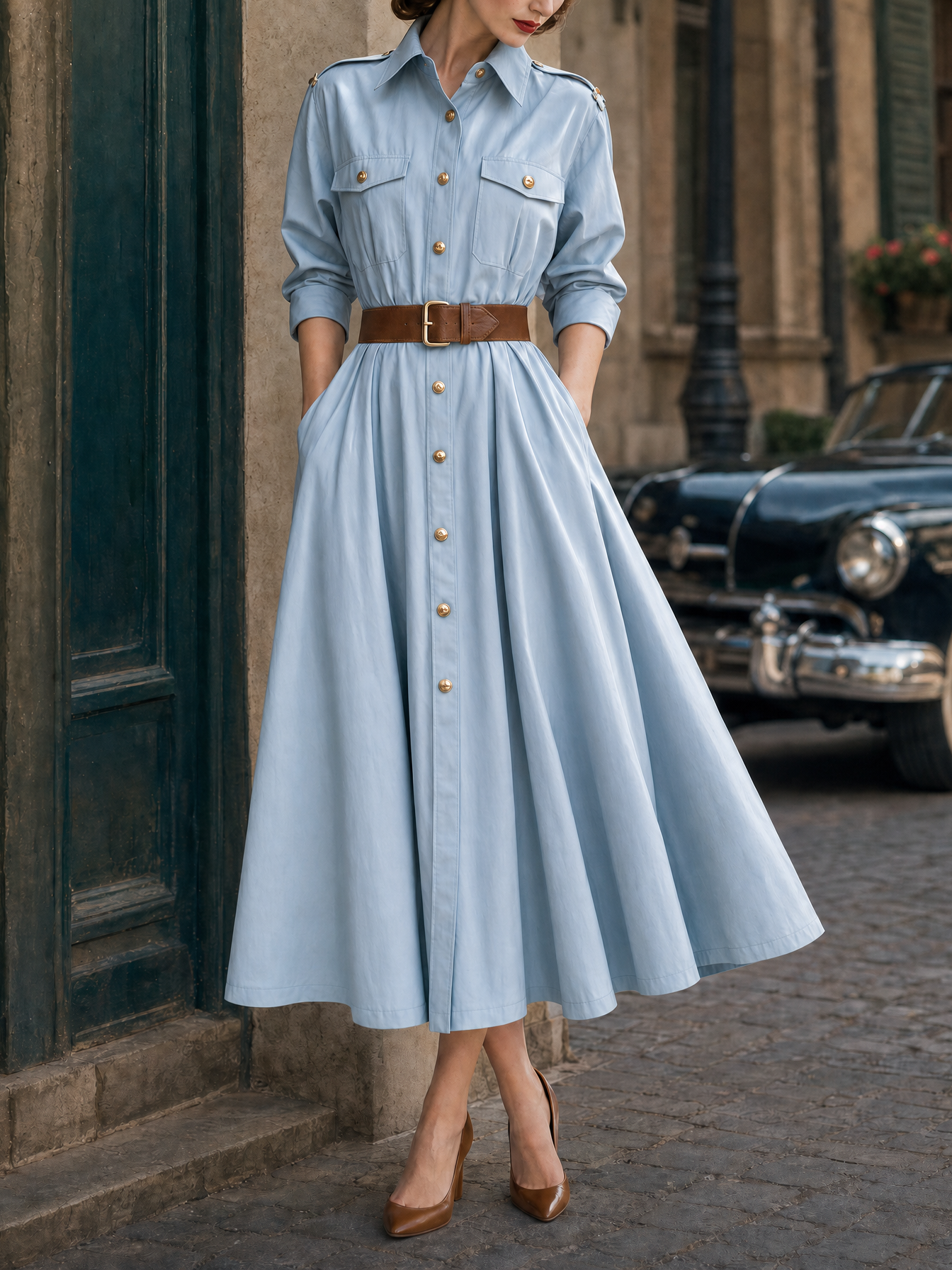 Vintage Trench Epaulets Maxi Dress