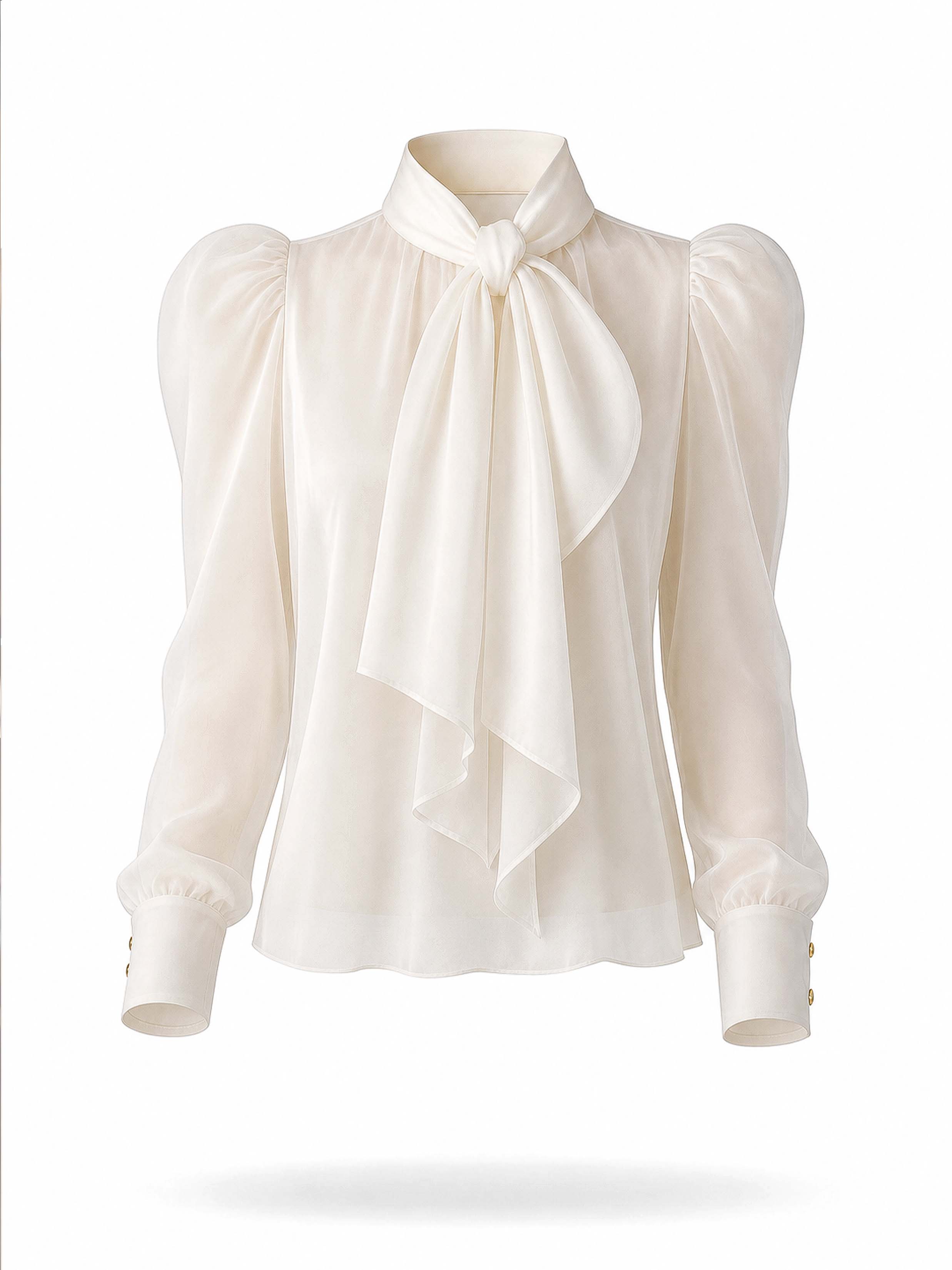 Vintage Tie Neck Puff Sleeve Chiffon Blouse