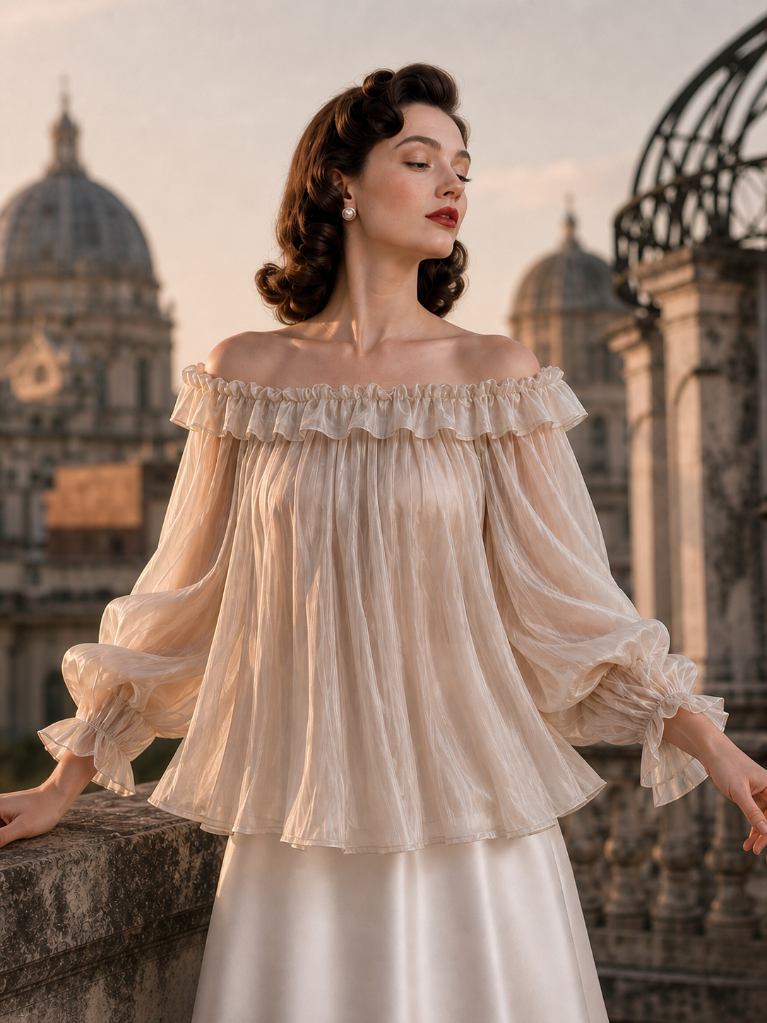 Vintage Off-shoulder Ruffled Lightweight Top
