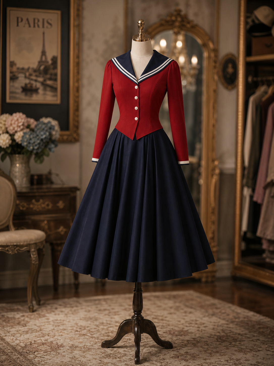 Vintage Sailor Collar Color Block Fitted Swing Midi Dress