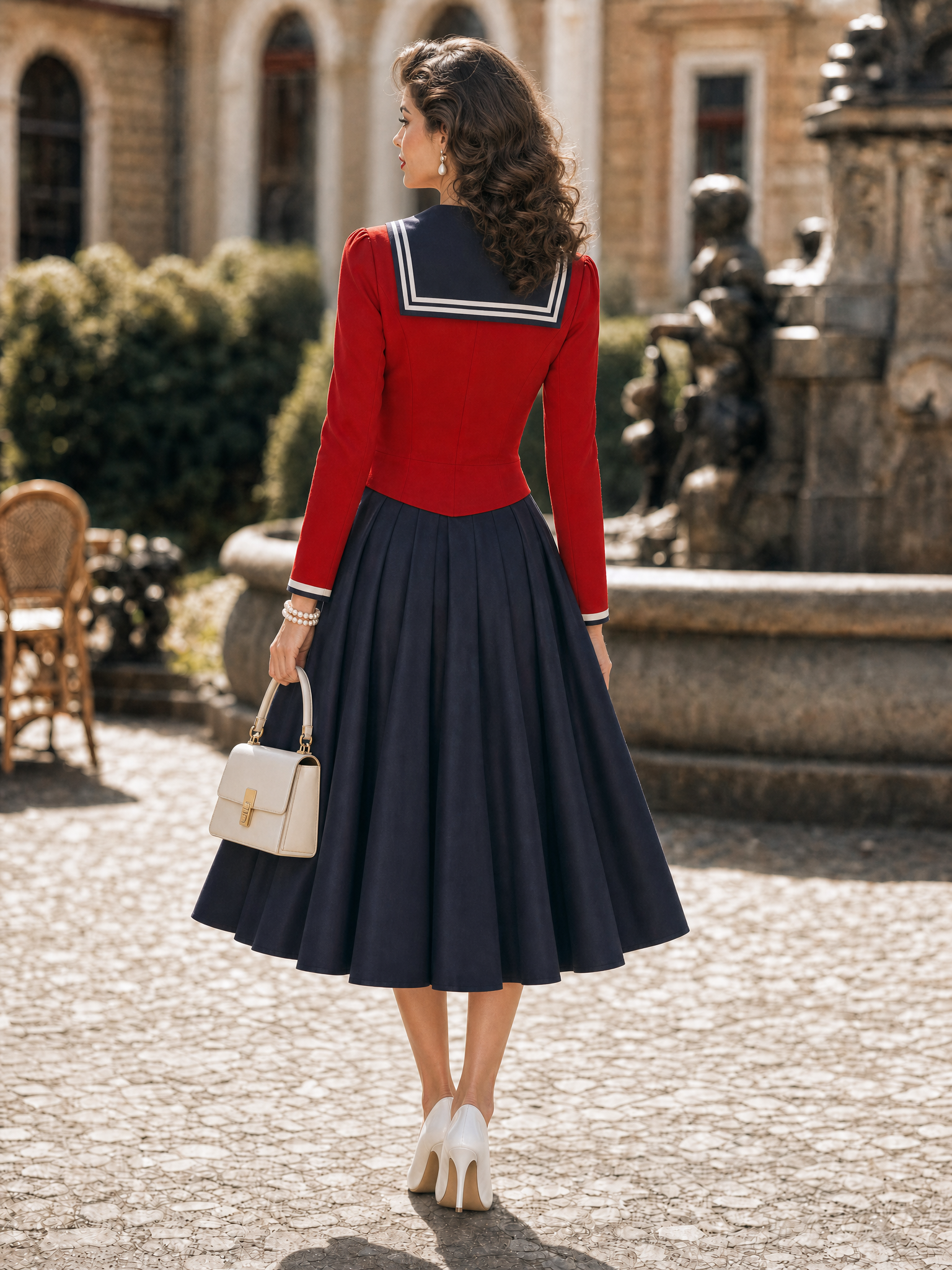 Vintage Sailor Collar Color Block Fitted Swing Midi Dress