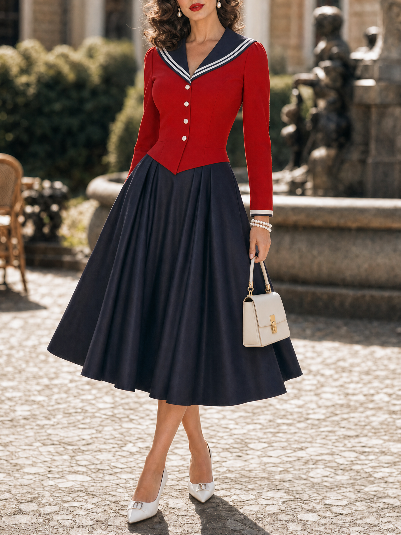 Vintage Sailor Collar Color Block Fitted Swing Midi Dress