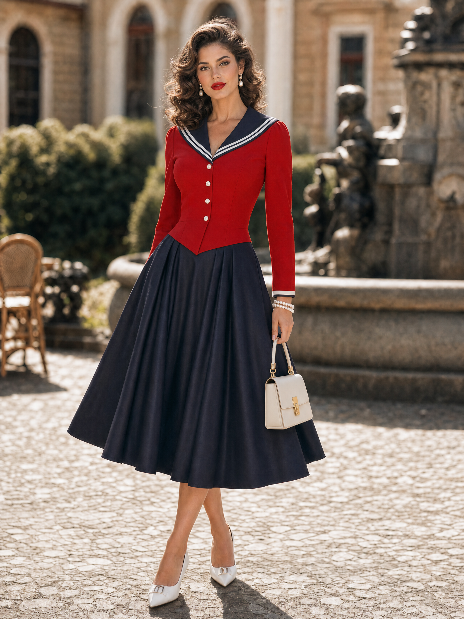 Vintage Sailor Collar Color Block Fitted Swing Midi Dress