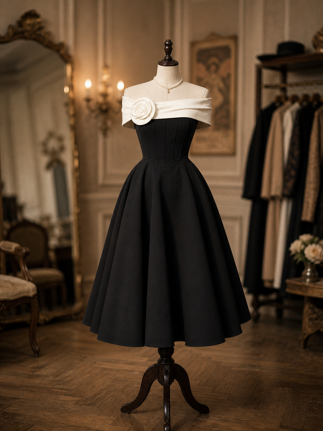 Vintage Off Shoulder 3D Rose Corset Lace Up Swing Midi Gown
