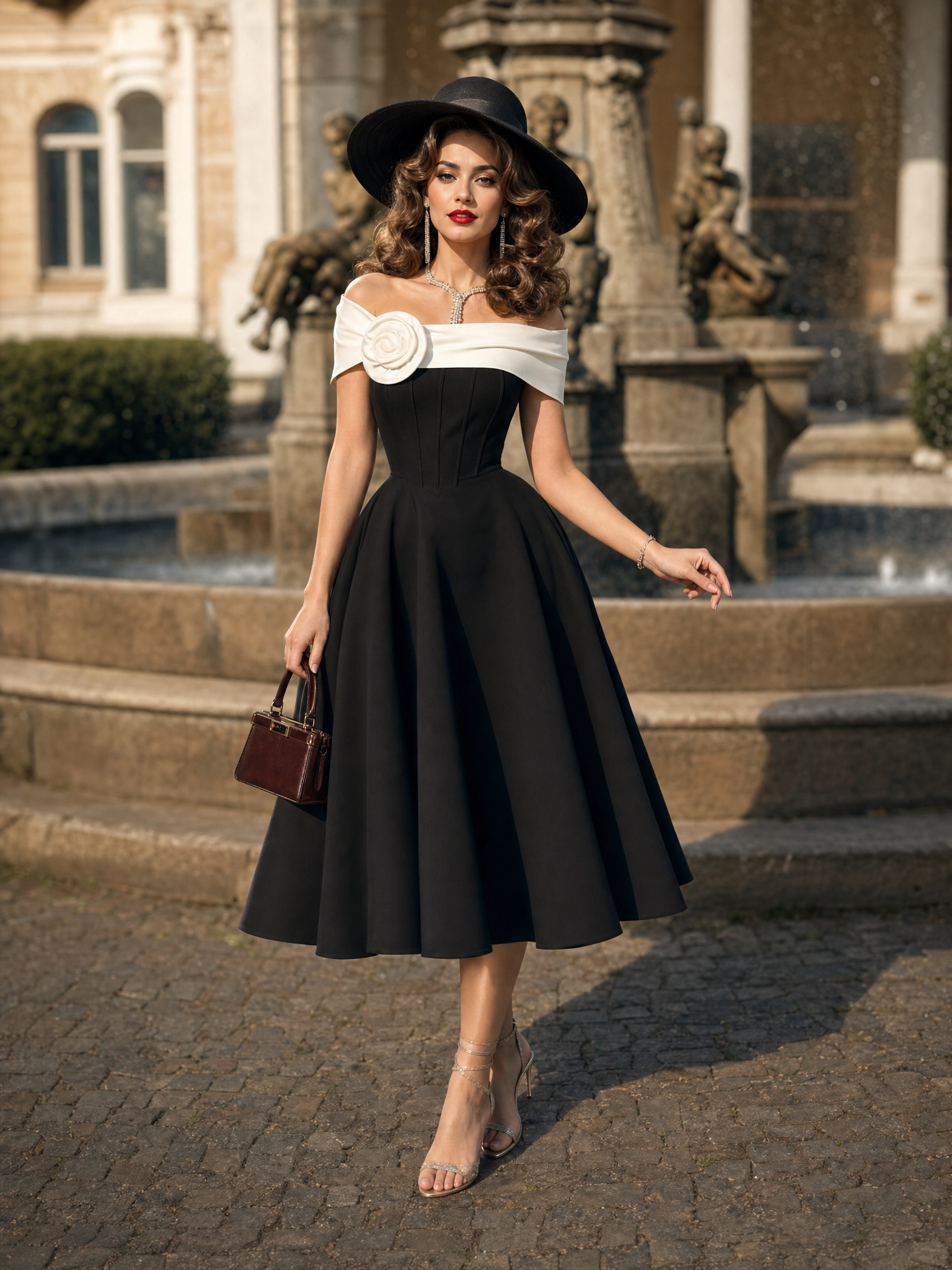 Vintage Off Shoulder 3D Rose Corset Lace Up Swing Midi Gown