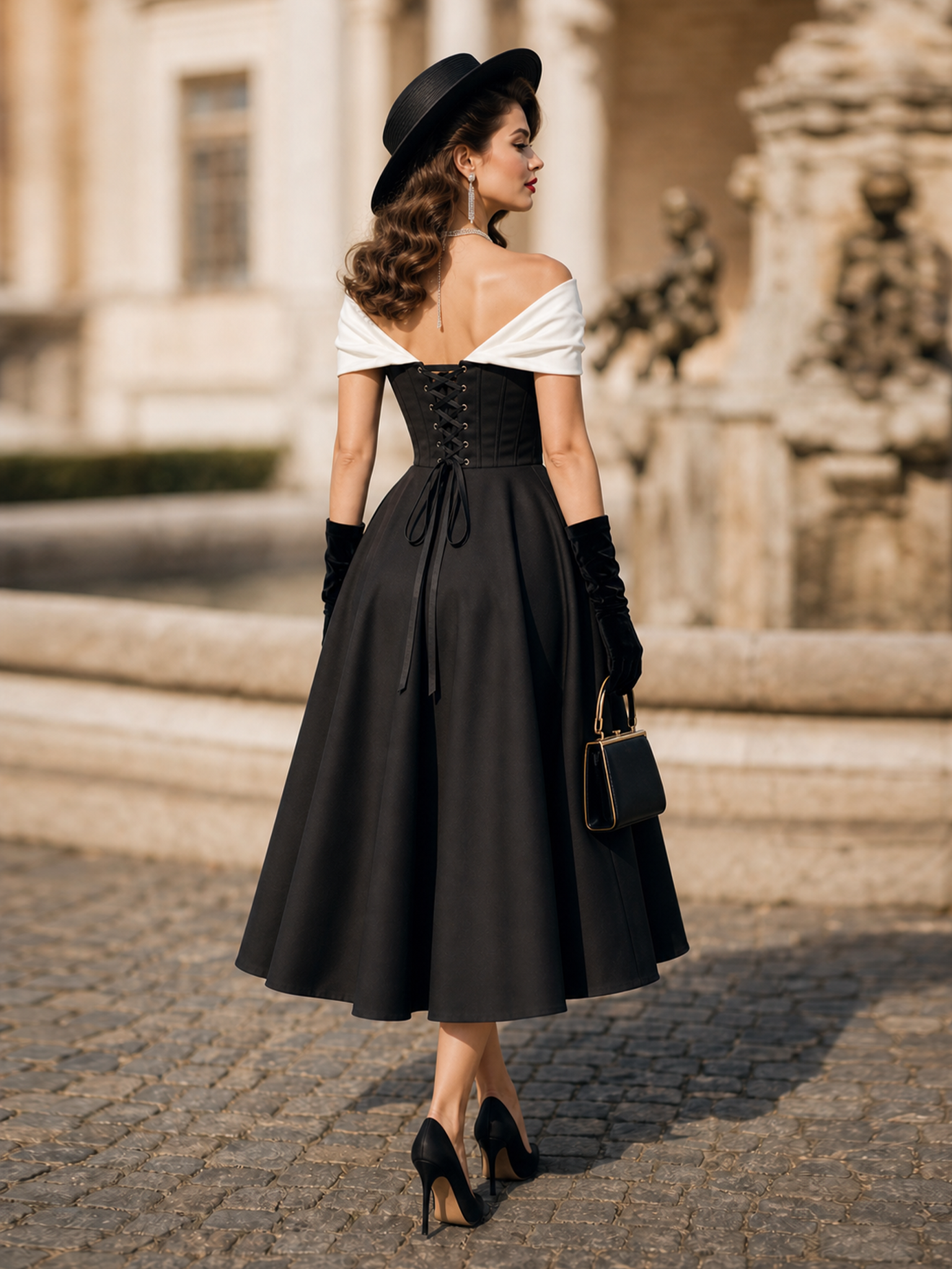 Vintage Off Shoulder 3D Rose Corset Lace Up Swing Midi Gown