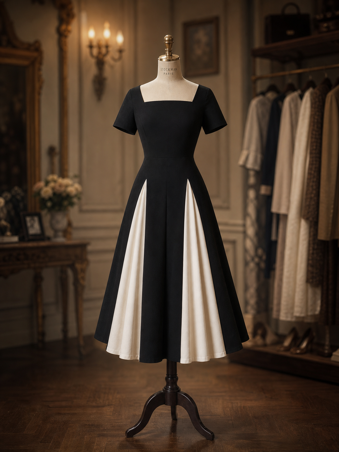 Vintage Minimalist Black White Color Block Panel Midi Dress