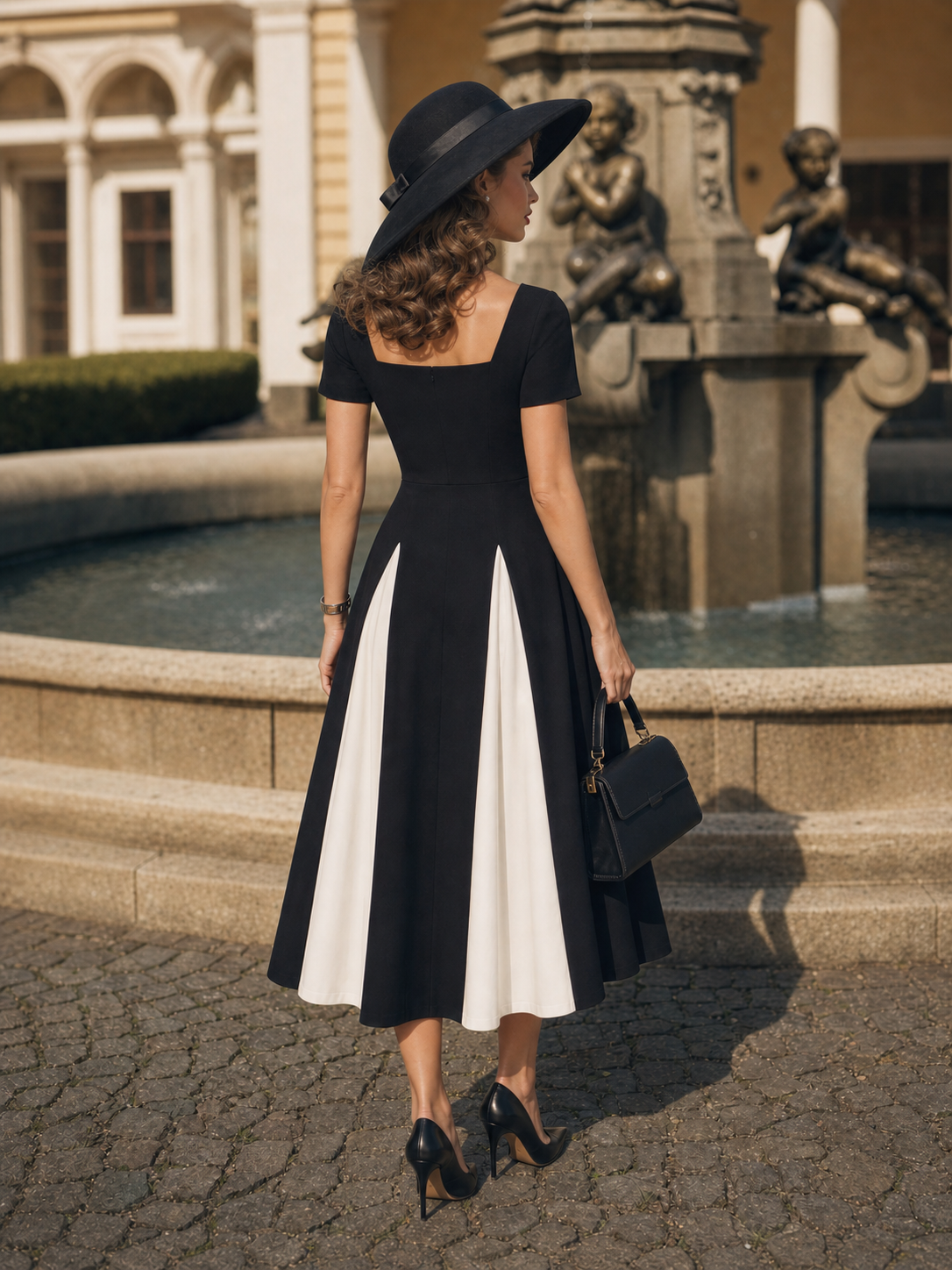 Vintage Minimalist Black White Color Block Panel Midi Dress