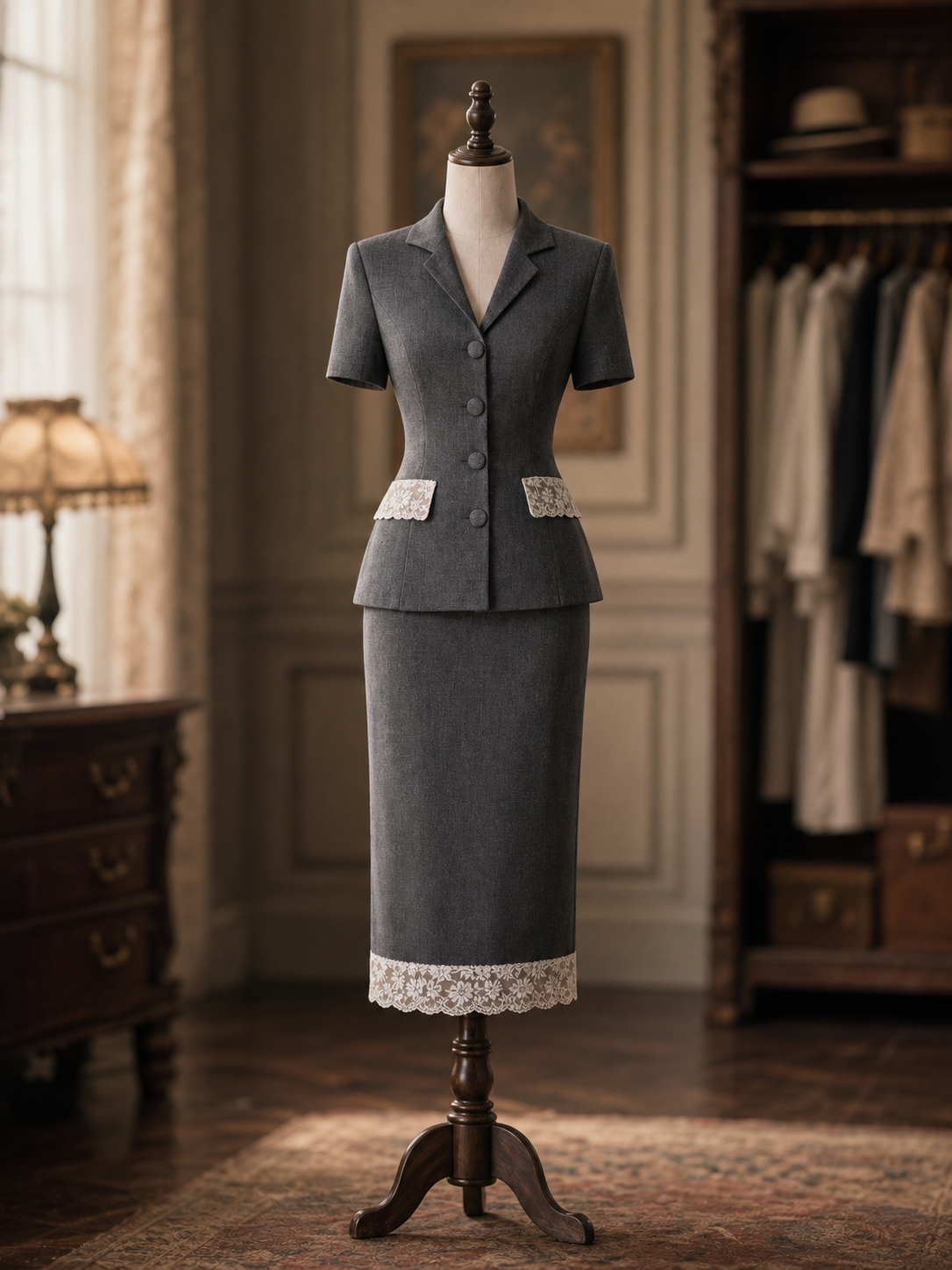 Vintage Hepburn Style Short Sleeve Blazer & Lace Trim Skirt Set
