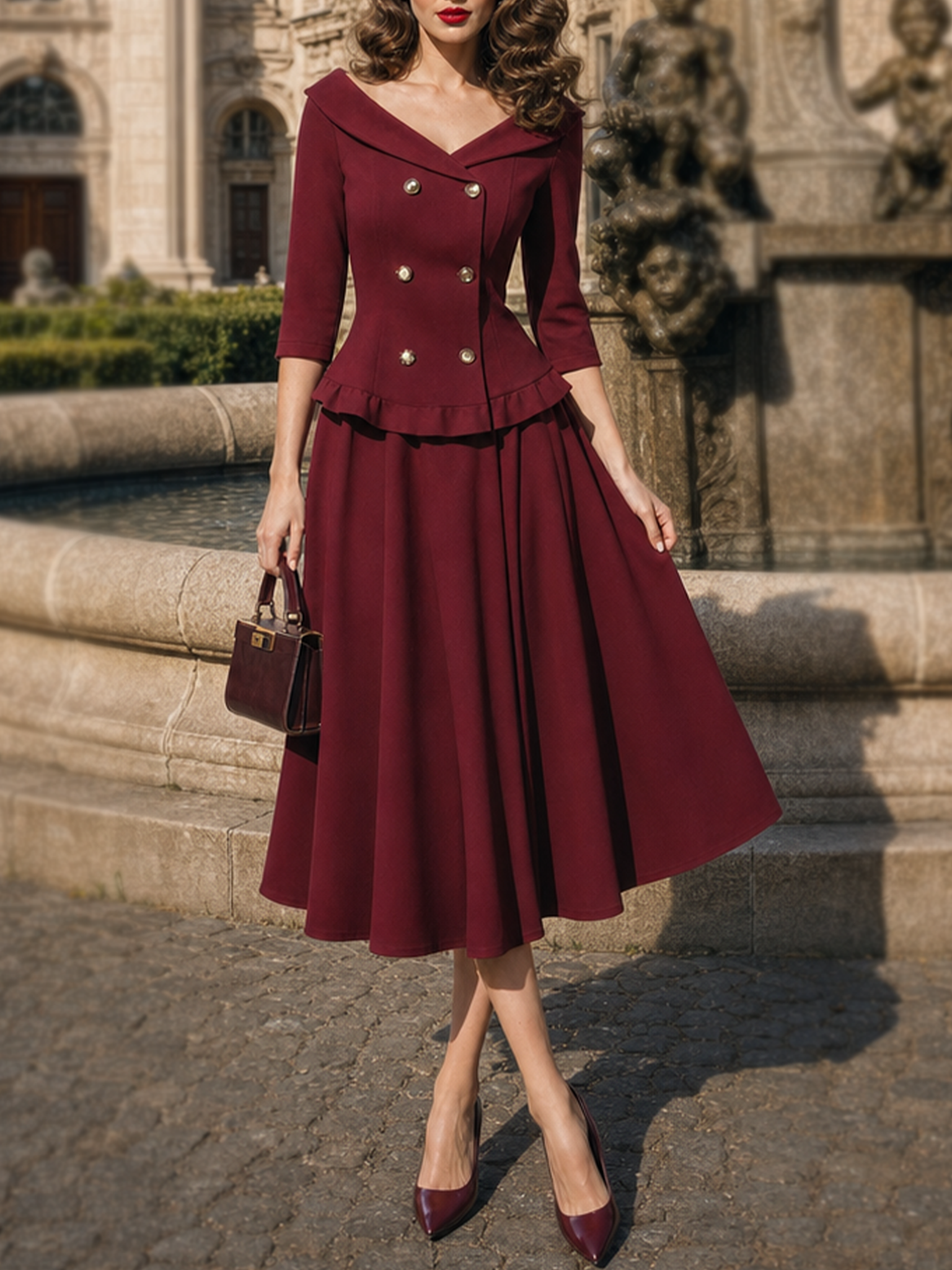 Vintage Hepburn Style Lapel Double Breasted Two-Piece Skirt Set