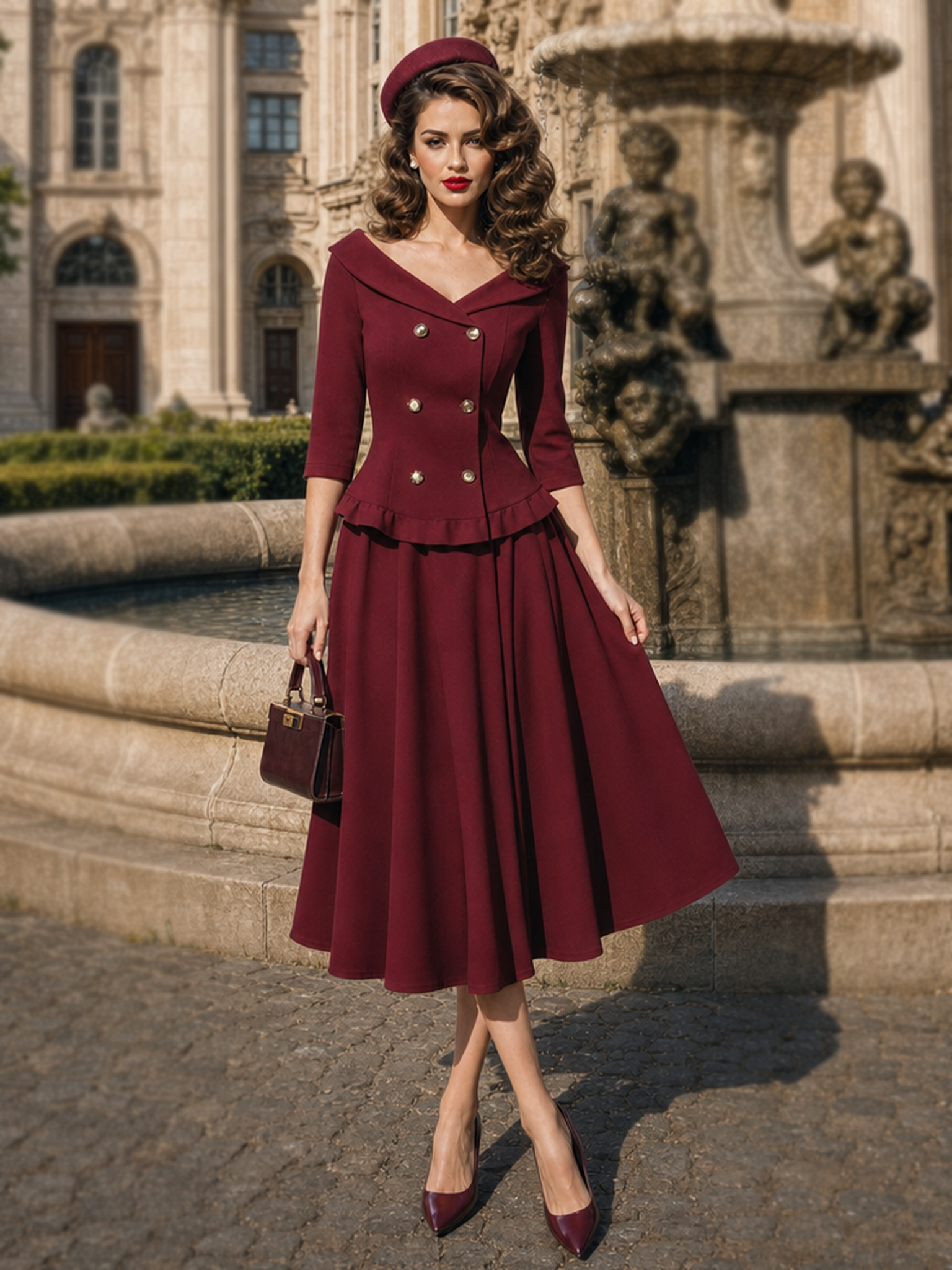 Vintage Hepburn Style Lapel Double Breasted Two-Piece Skirt Set