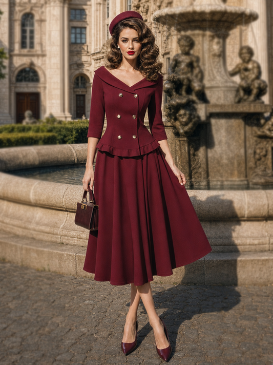 Vintage Hepburn Style Lapel Double Breasted Two-Piece Skirt Set