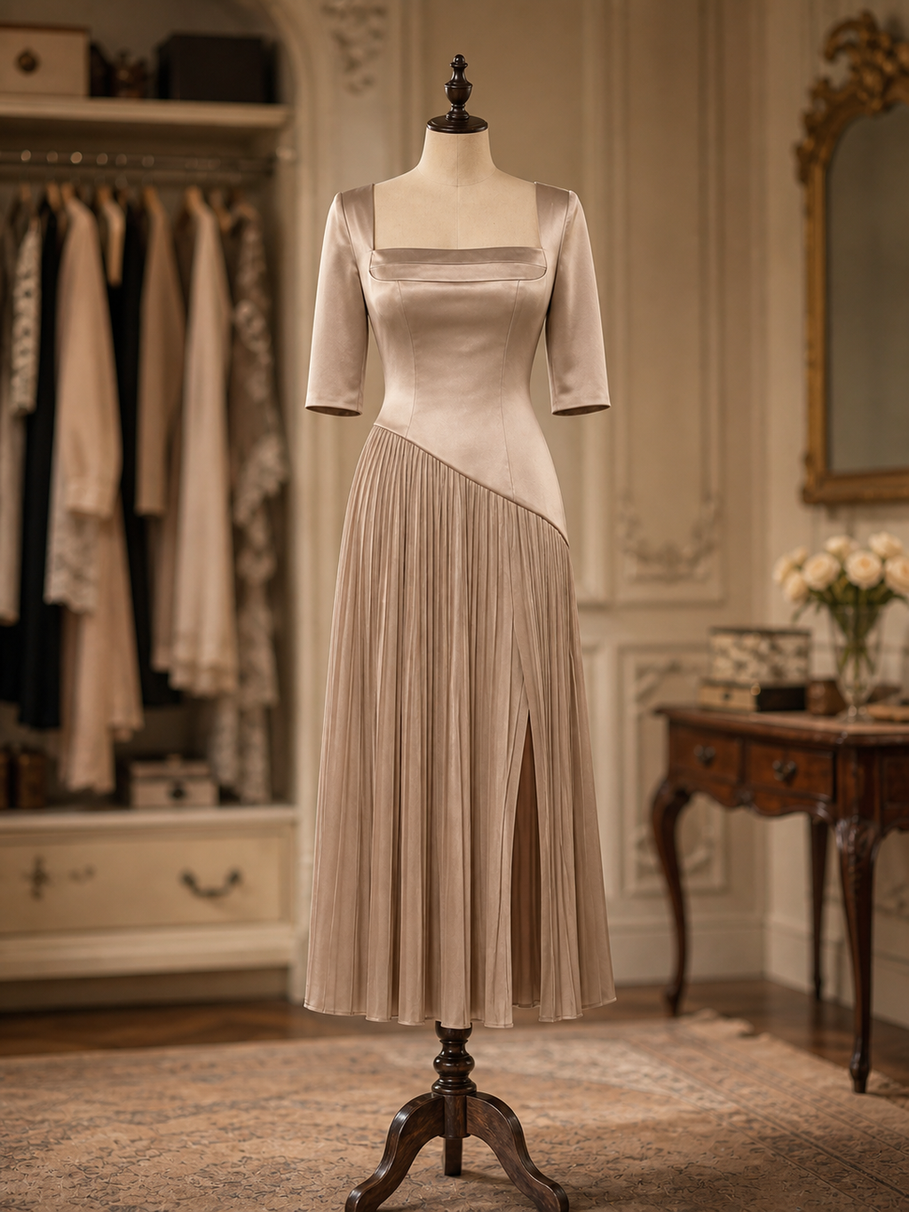 Vintage Elegant Asymmetrical Satin Pleated Midi Dress