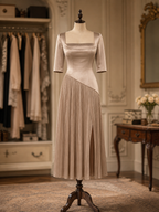 Vintage Elegant Asymmetrical Satin Pleated Midi Dress