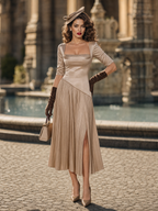 Vintage Elegant Asymmetrical Satin Pleated Midi Dress
