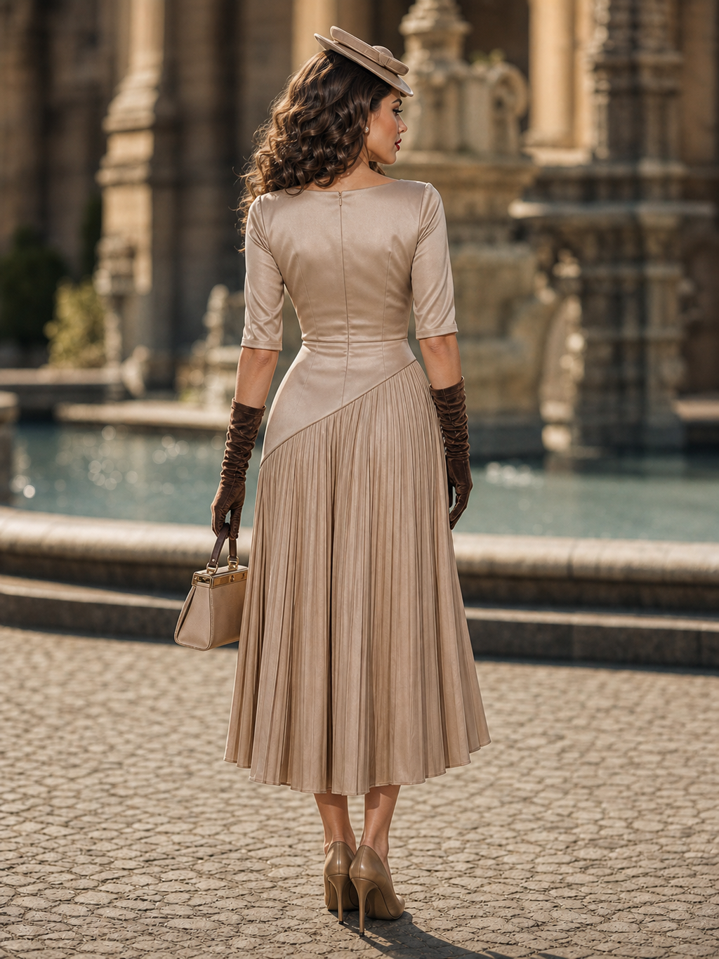 Vintage Elegant Asymmetrical Satin Pleated Midi Dress