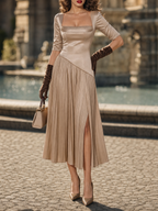 Vintage Elegant Asymmetrical Satin Pleated Midi Dress