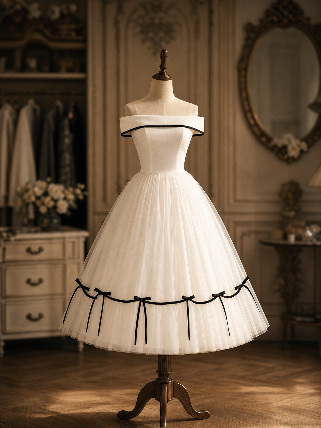 Vintage Off Shoulder Tulle Bow Decor Swing Midi Dress