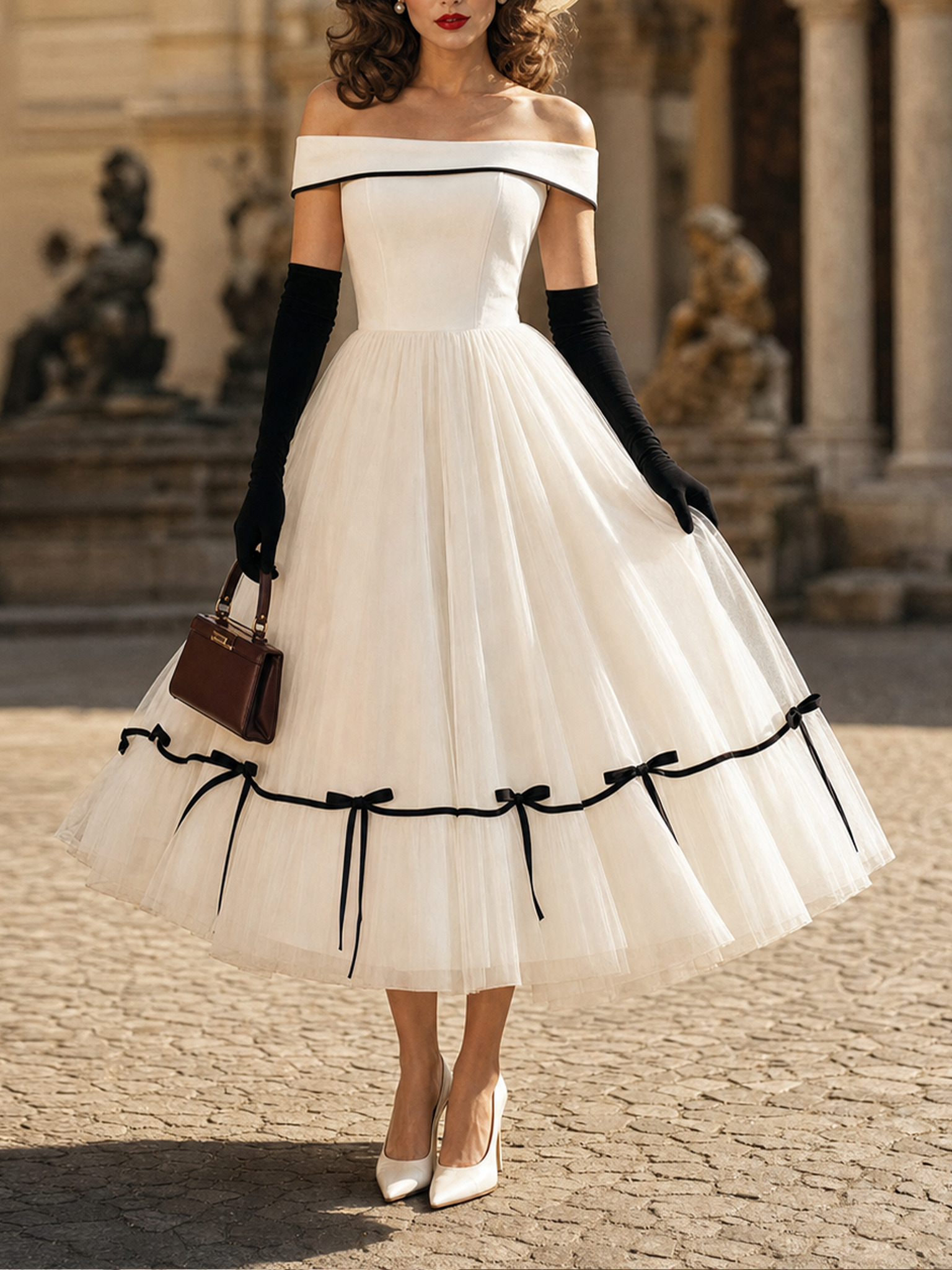 Vintage Off Shoulder Tulle Bow Decor Swing Midi Dress