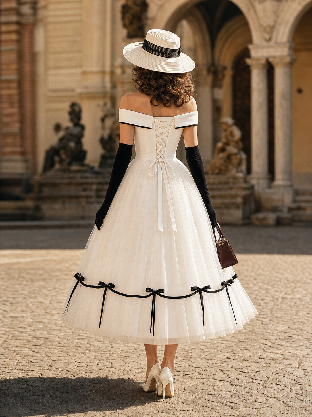 Vintage Off Shoulder Tulle Bow Decor Swing Midi Dress