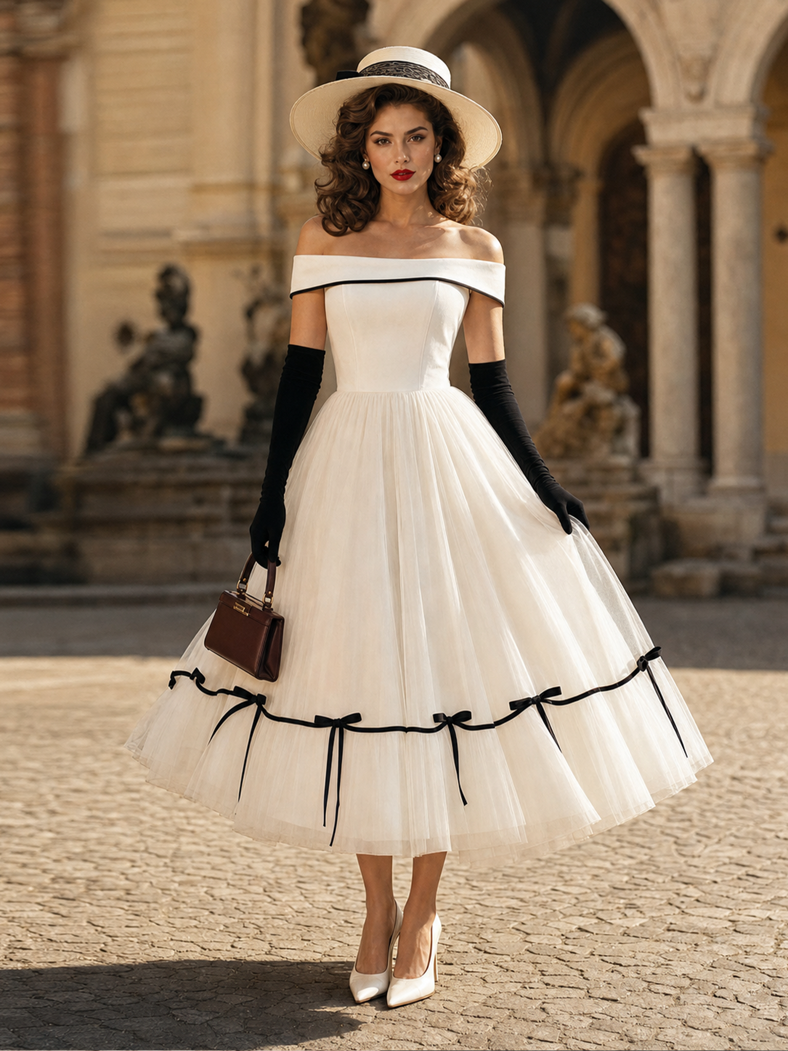 Vintage Off Shoulder Tulle Bow Decor Swing Midi Dress
