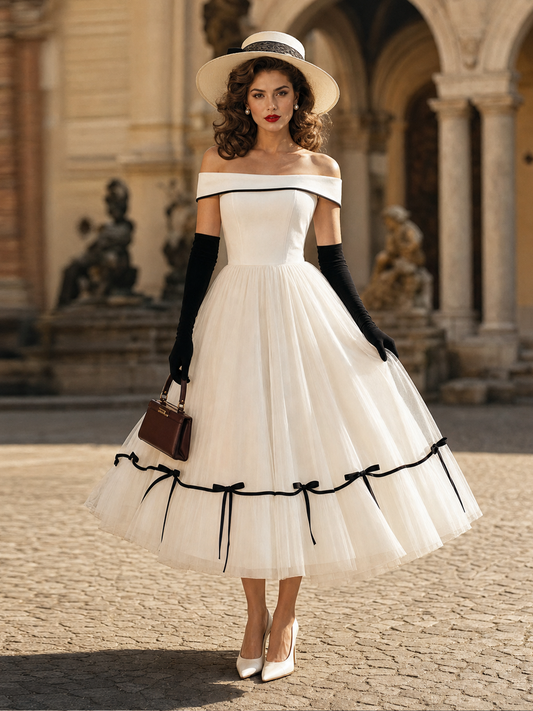 Vintage Off Shoulder Tulle Bow Decor Swing Midi Dress