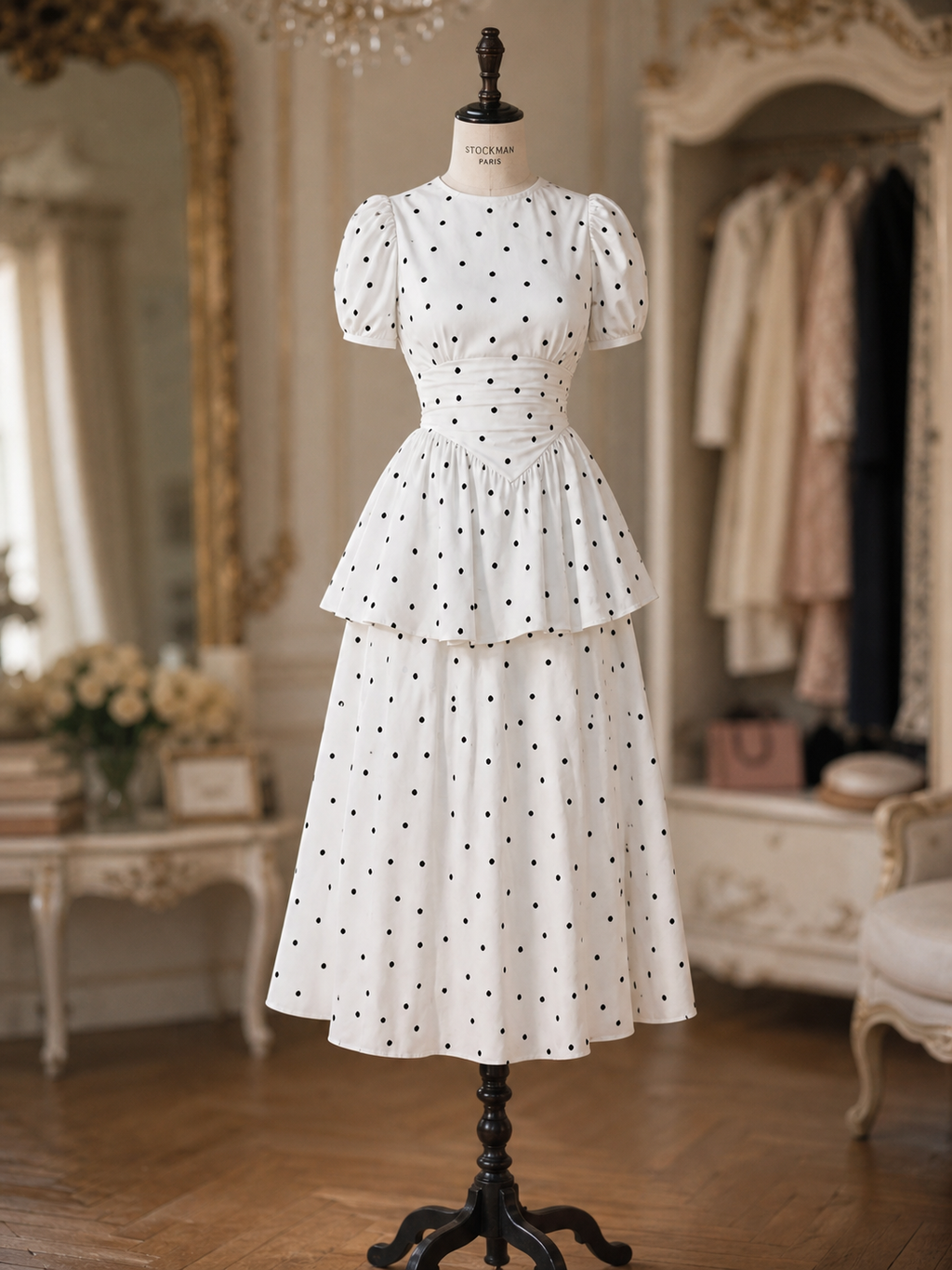 Vintage Puff Sleeve Black Polka Dot Tea-Length Dress Midi