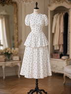 Vintage Puff Sleeve Black Polka Dot Tea-Length Dress Midi