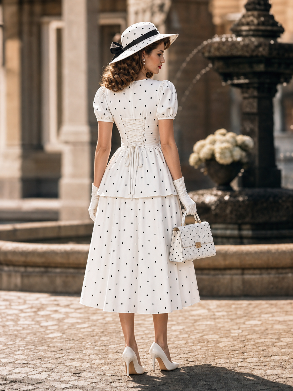 Vintage Puff Sleeve Black Polka Dot Tea-Length Dress Midi