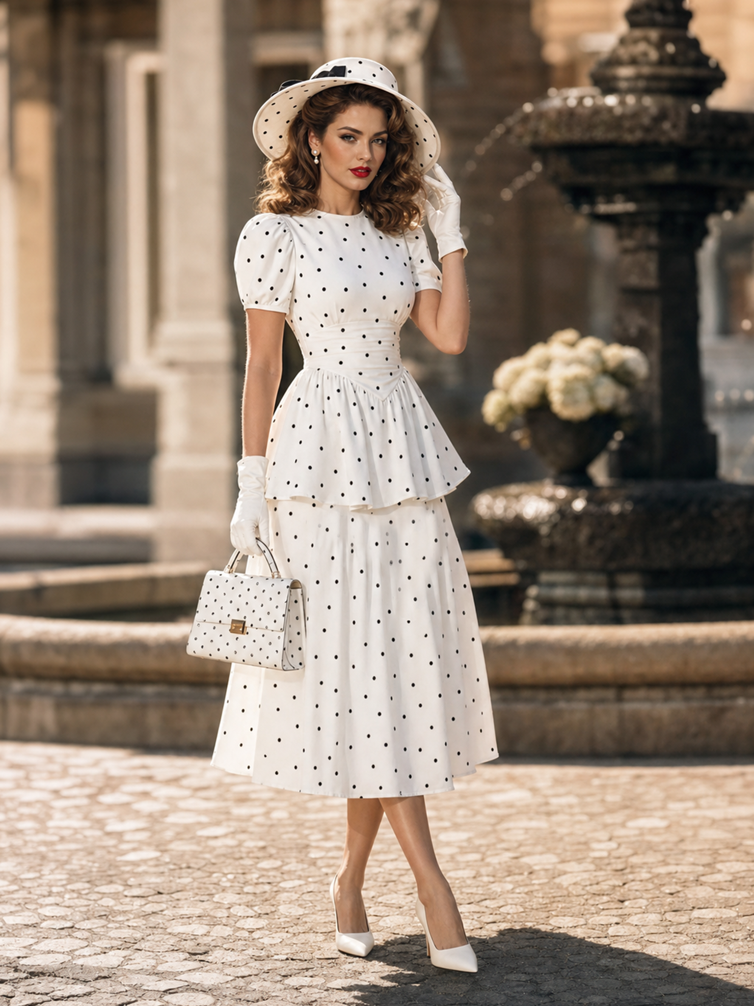 Vintage Puff Sleeve Black Polka Dot Tea-Length Dress Midi