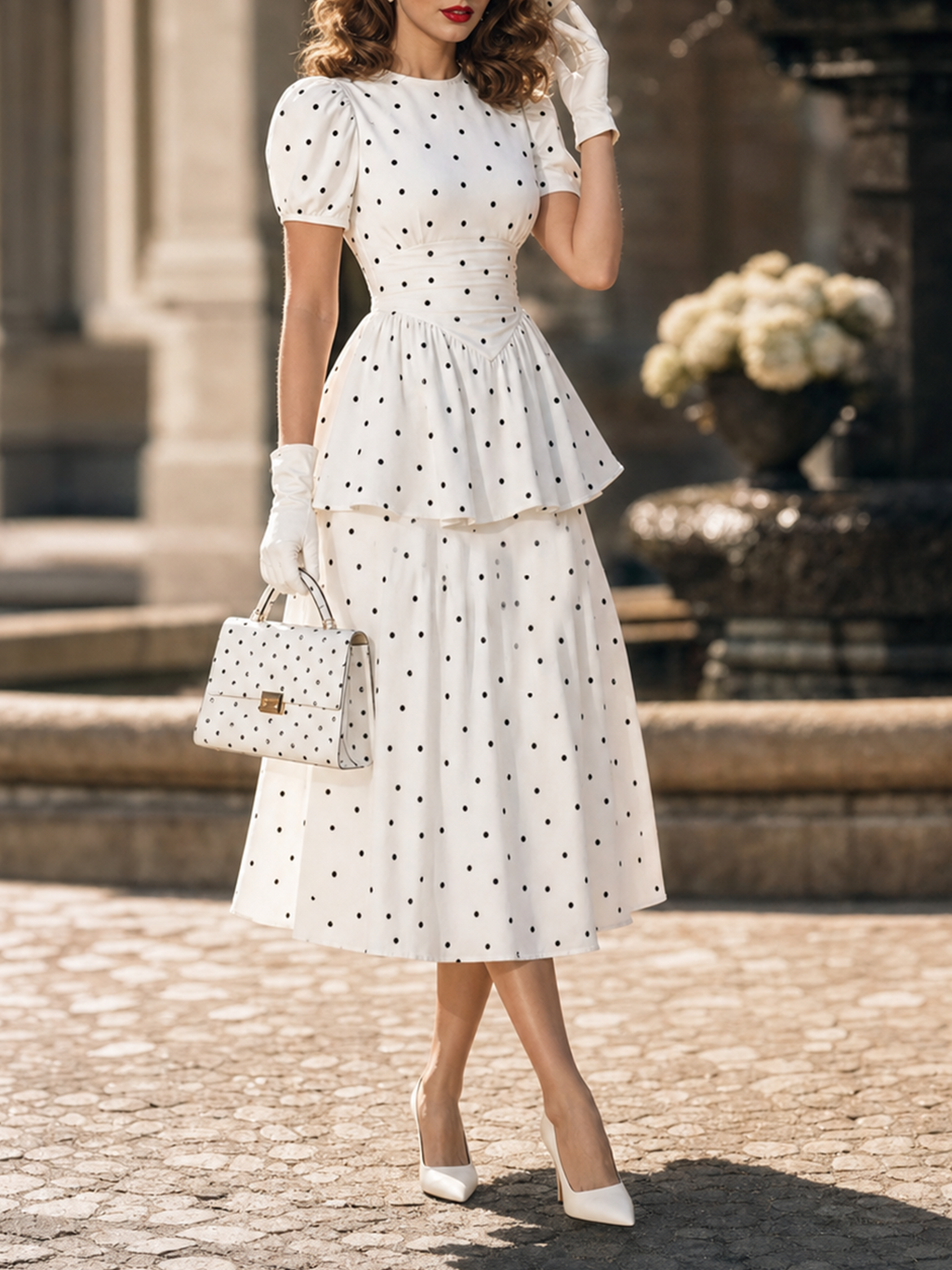 Vintage Puff Sleeve Black Polka Dot Tea-Length Dress Midi
