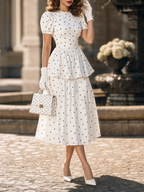Vintage Puff Sleeve Black Polka Dot Tea-Length Dress Midi
