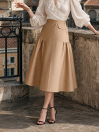 Vintage Ruched High-waisted Swing Midi Skirt