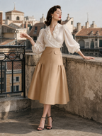 Vintage Ruched High-waisted Swing Midi Skirt